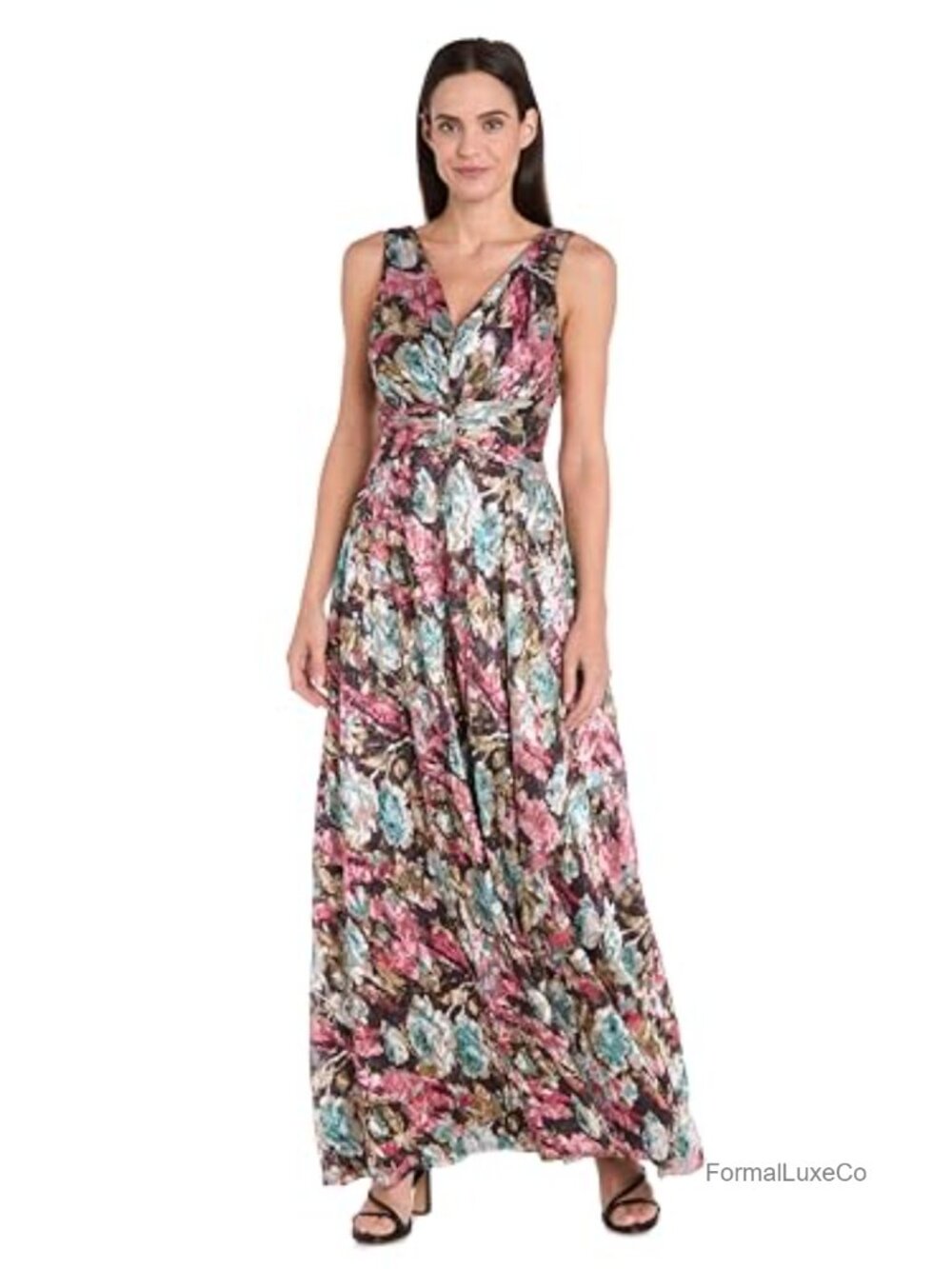 V-Neck Pleated Floral Maxi Dress Ruched Waist Crinkle Texture Sleeveless